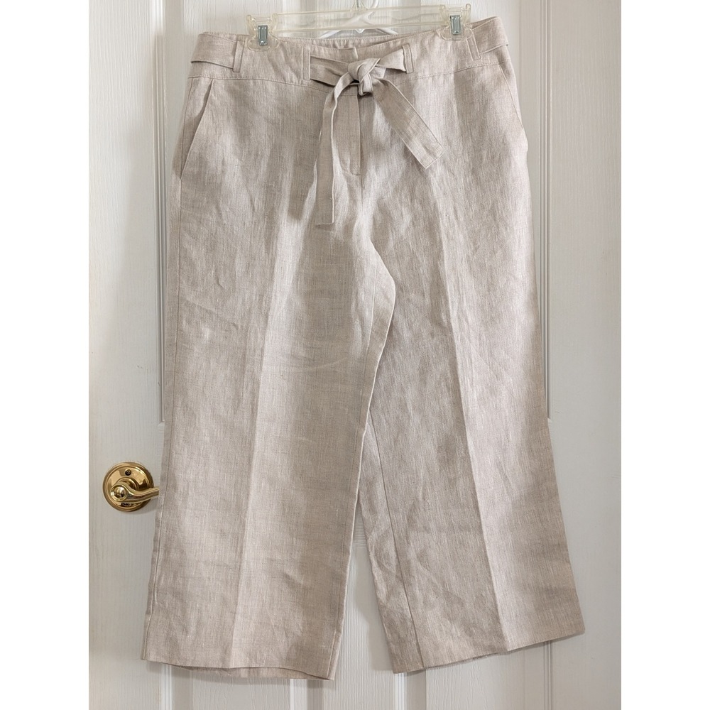Talbots 100% Irish Linen Pants Womens 10 Beige Wide Leg Cropped Tie Waist Summer